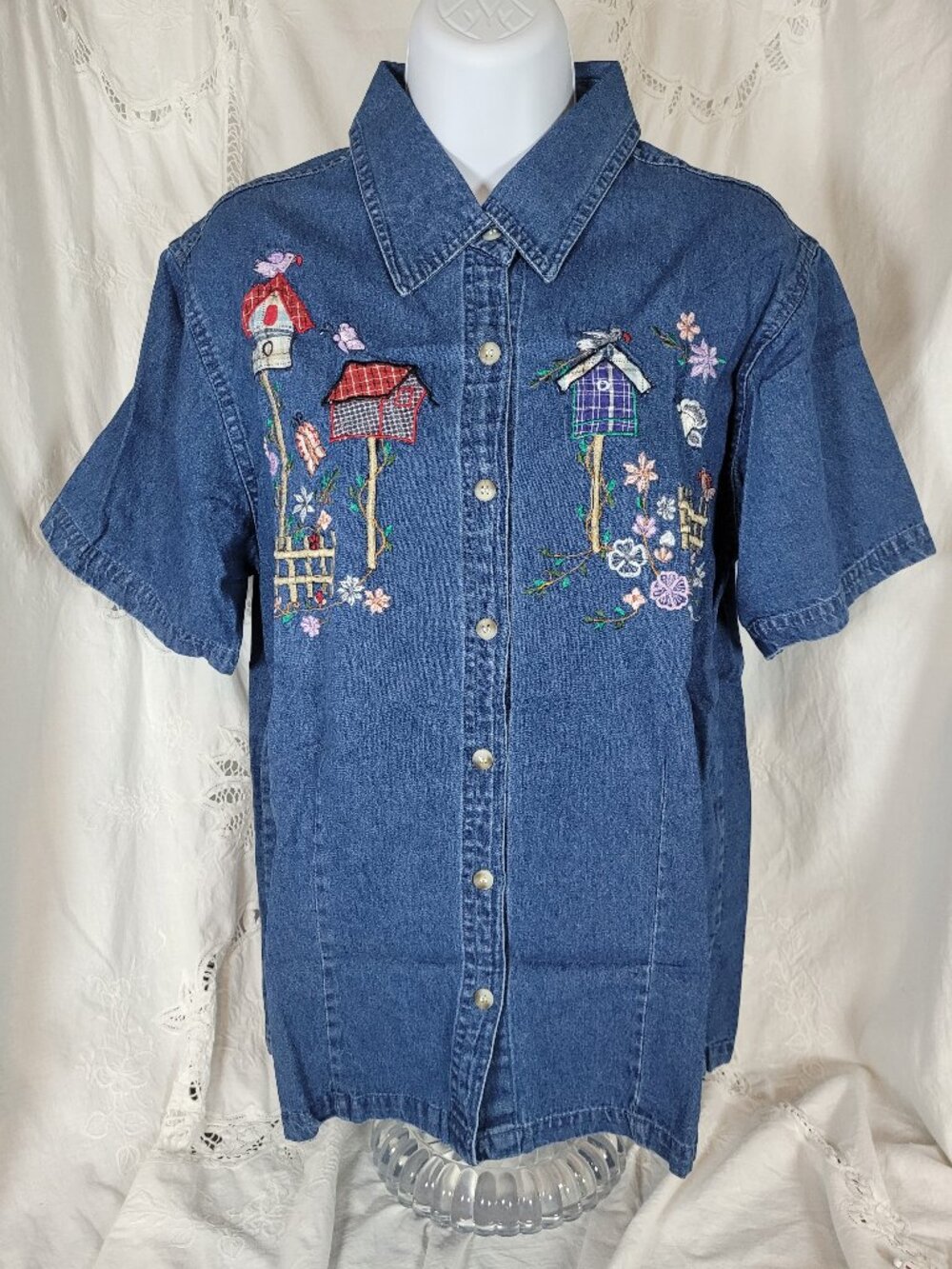 Womens M Chambray Top Button Up Birdhouse Applique Cottagecore 80s Keren Hart